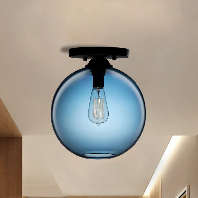 Globe Shade Semi Flush Dining Room Red/Brown/Blue Glass Industrial Style 1/2 Light Black Ceiling Lighting 1 Blue Clearhalo 'Ceiling Lights' 'Close To Ceiling Lights' 'Close to ceiling' 'Flush mount' 'Industrial Flush Mount' Lighting' 764416
