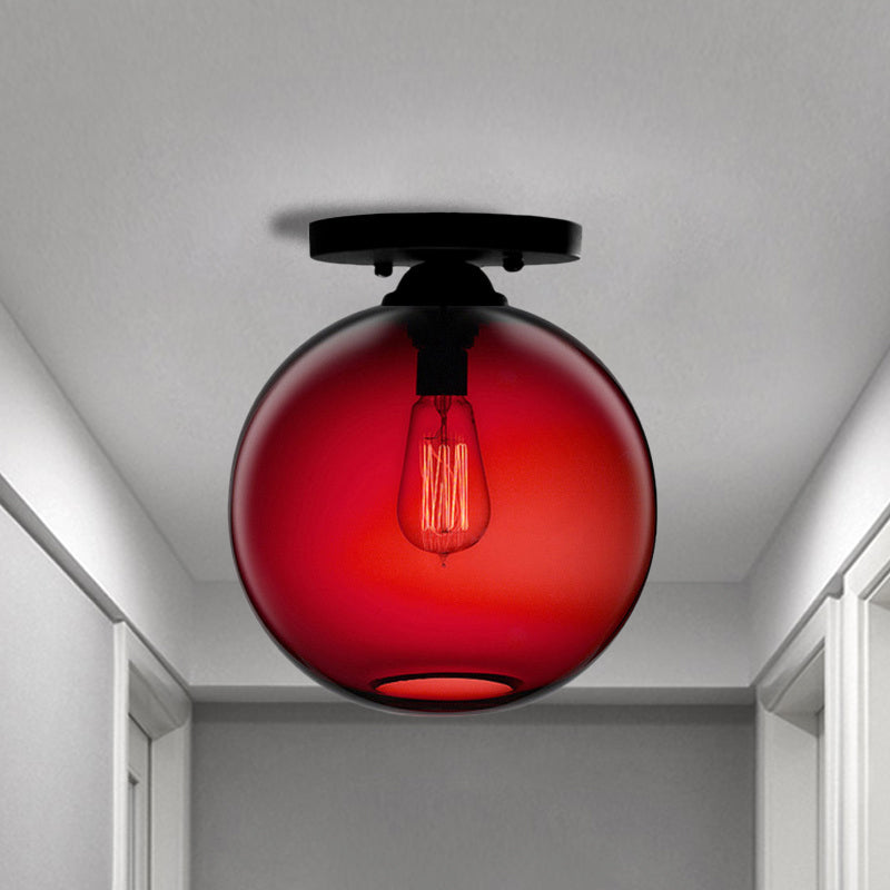 Globe Shade Semi Flush Dining Room Red/Brown/Blue Glass Industrial Style 1/2 Light Black Ceiling Lighting 1 Red Clearhalo 'Ceiling Lights' 'Close To Ceiling Lights' 'Close to ceiling' 'Flush mount' 'Industrial Flush Mount' Lighting' 764420