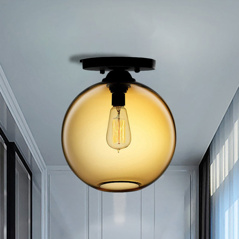 Globe Shade Semi Flush Dining Room Red/Brown/Blue Glass Industrial Style 1/2 Light Black Ceiling Lighting 1 Amber Clearhalo 'Ceiling Lights' 'Close To Ceiling Lights' 'Close to ceiling' 'Flush mount' 'Industrial Flush Mount' Lighting' 764424