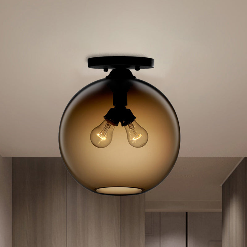 Globe Shade Semi Flush Dining Room Red/Brown/Blue Glass Industrial Style 1/2 Light Black Ceiling Lighting 2 Brown Clearhalo 'Ceiling Lights' 'Close To Ceiling Lights' 'Close to ceiling' 'Flush mount' 'Industrial Flush Mount' Lighting' 764432