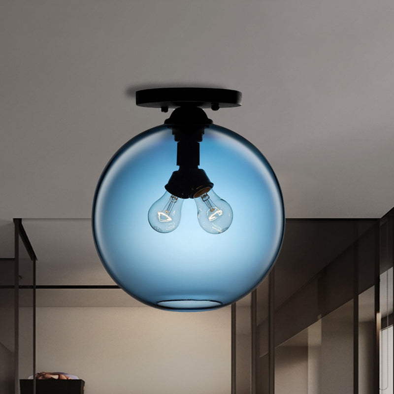 Globe Shade Semi Flush Dining Room Red/Brown/Blue Glass Industrial Style 1/2 Light Black Ceiling Lighting 2 Blue Clearhalo 'Ceiling Lights' 'Close To Ceiling Lights' 'Close to ceiling' 'Flush mount' 'Industrial Flush Mount' Lighting' 764436