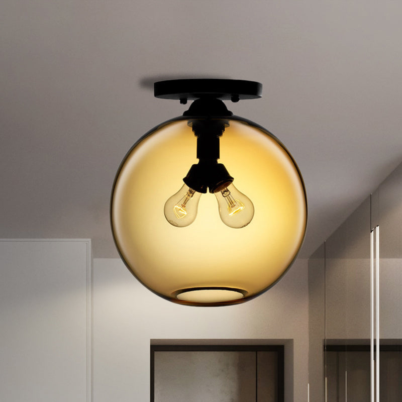 Globe Shade Semi Flush Dining Room Red/Brown/Blue Glass Industrial Style 1/2 Light Black Ceiling Lighting 2 Amber Clearhalo 'Ceiling Lights' 'Close To Ceiling Lights' 'Close to ceiling' 'Flush mount' 'Industrial Flush Mount' Lighting' 764440