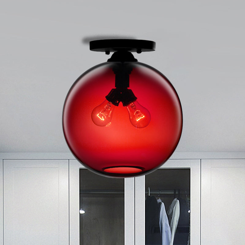Globe Shade Semi Flush Dining Room Red/Brown/Blue Glass Industrial Style 1/2 Light Black Ceiling Lighting 2 Red Clearhalo 'Ceiling Lights' 'Close To Ceiling Lights' 'Close to ceiling' 'Flush mount' 'Industrial Flush Mount' Lighting' 764444