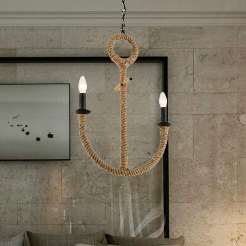 Roped Anchor Design Chandelier Pendant Light Lodge 2 Heads Dining Room Ceiling Light Fixture in Beige Beige Clearhalo 'Ceiling Lights' 'Chandeliers' 'Industrial Chandeliers' 'Industrial' 'Middle Century Chandeliers' 'Tiffany' Lighting' 764671