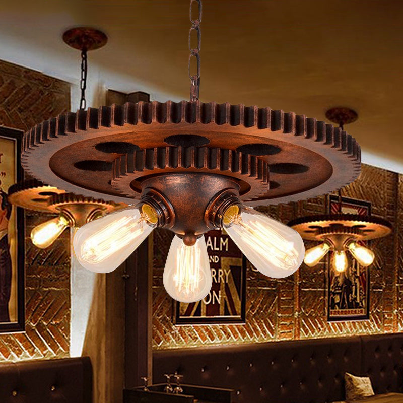 3 Lights Chandelier Light with Open Bulb and Gear Design Metal Retro Restaurant Pendant Lighting in Weathered Copper Weathered Copper Clearhalo 'Cast Iron' 'Ceiling Lights' 'Chandeliers' 'Industrial Chandeliers' 'Industrial' 'Metal' 'Middle Century Chandeliers' 'Rustic Chandeliers' 'Tiffany' Lighting' 764835