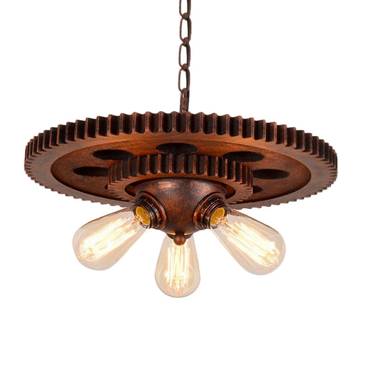 3 Lights Chandelier Light with Open Bulb and Gear Design Metal Retro Restaurant Pendant Lighting in Weathered Copper Clearhalo 'Cast Iron' 'Ceiling Lights' 'Chandeliers' 'Industrial Chandeliers' 'Industrial' 'Metal' 'Middle Century Chandeliers' 'Rustic Chandeliers' 'Tiffany' Lighting' 764838