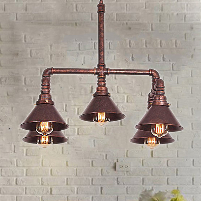 Farmhouse Conic Shade Chandelier Lamp 5 Bulbs Wrought Iron Hanging Pendant Light in Rust for Restaurant Rust Clearhalo 'Cast Iron' 'Ceiling Lights' 'Chandeliers' 'Industrial Chandeliers' 'Industrial' 'Metal' 'Middle Century Chandeliers' 'Rustic Chandeliers' 'Tiffany' Lighting' 764879