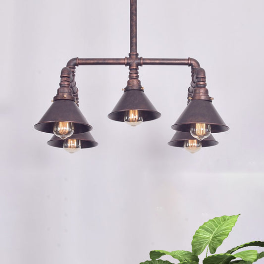 Farmhouse Conic Shade Chandelier Lamp 5 Bulbs Wrought Iron Hanging Pendant Light in Rust for Restaurant Clearhalo 'Cast Iron' 'Ceiling Lights' 'Chandeliers' 'Industrial Chandeliers' 'Industrial' 'Metal' 'Middle Century Chandeliers' 'Rustic Chandeliers' 'Tiffany' Lighting' 764880