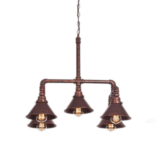Farmhouse Conic Shade Chandelier Lamp 5 Bulbs Wrought Iron Hanging Pendant Light in Rust for Restaurant Clearhalo 'Cast Iron' 'Ceiling Lights' 'Chandeliers' 'Industrial Chandeliers' 'Industrial' 'Metal' 'Middle Century Chandeliers' 'Rustic Chandeliers' 'Tiffany' Lighting' 764881