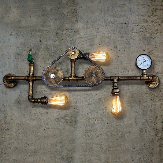 Steampunk Bicycle Wall Mount Light with Pipe Design 3 Lights Wrought Iron Wall Lamp in Antique Brass Antique Brass Clearhalo 'Art deco wall lights' 'Cast Iron' 'Glass' 'Industrial wall lights' 'Industrial' 'Middle century wall lights' 'Modern' 'Rustic wall lights' 'Tiffany' 'Traditional wall lights' 'Wall Lamps & Sconces' 'Wall Lights' Lighting' 764889