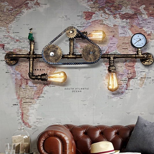 Steampunk Bicycle Wall Mount Light with Pipe Design 3 Lights Wrought Iron Wall Lamp in Antique Brass Clearhalo 'Art deco wall lights' 'Cast Iron' 'Glass' 'Industrial wall lights' 'Industrial' 'Middle century wall lights' 'Modern' 'Rustic wall lights' 'Tiffany' 'Traditional wall lights' 'Wall Lamps & Sconces' 'Wall Lights' Lighting' 764890