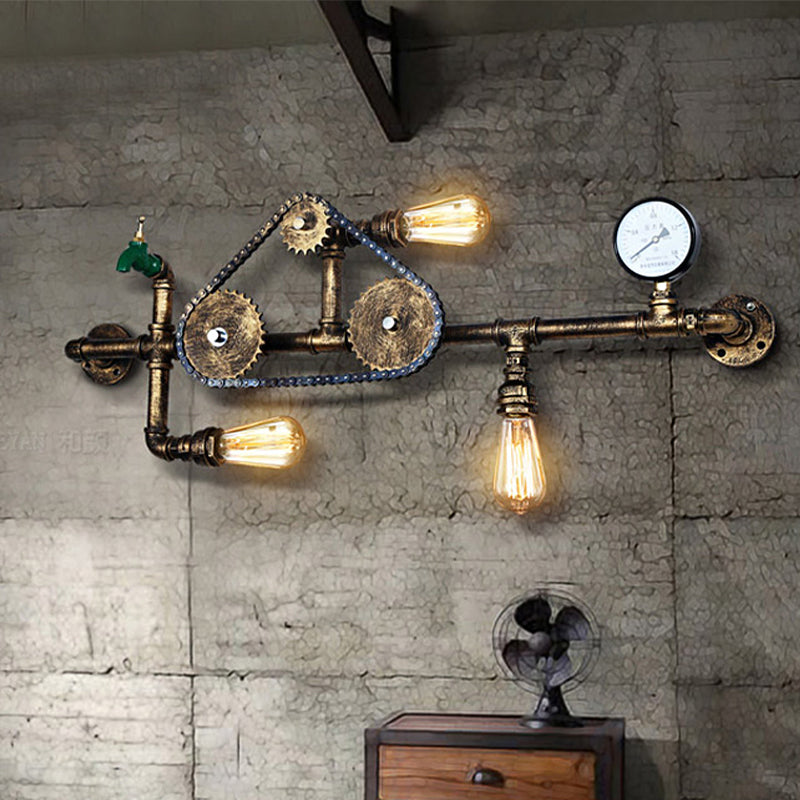 Steampunk Bicycle Wall Mount Light with Pipe Design 3 Lights Wrought Iron Wall Lamp in Antique Brass Clearhalo 'Art deco wall lights' 'Cast Iron' 'Glass' 'Industrial wall lights' 'Industrial' 'Middle century wall lights' 'Modern' 'Rustic wall lights' 'Tiffany' 'Traditional wall lights' 'Wall Lamps & Sconces' 'Wall Lights' Lighting' 764891