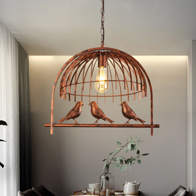 1 Head Wire Dome Hanging Light with Bird Decoration Lodge Style Rust Metal Suspension Lamp Rust Clearhalo 'Art Deco Pendants' 'Cast Iron' 'Ceiling Lights' 'Ceramic' 'Crystal' 'Industrial Pendants' 'Industrial' 'Metal' 'Middle Century Pendants' 'Pendant Lights' 'Pendants' 'Tiffany' Lighting' 764939