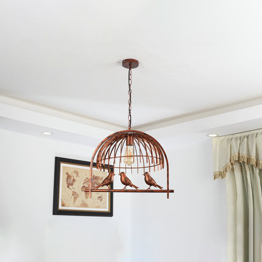 1 Head Wire Dome Hanging Light with Bird Decoration Lodge Style Rust Metal Suspension Lamp Clearhalo 'Art Deco Pendants' 'Cast Iron' 'Ceiling Lights' 'Ceramic' 'Crystal' 'Industrial Pendants' 'Industrial' 'Metal' 'Middle Century Pendants' 'Pendant Lights' 'Pendants' 'Tiffany' Lighting' 764940