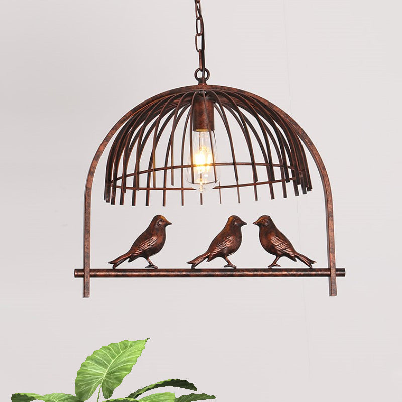 1 Head Wire Dome Hanging Light with Bird Decoration Lodge Style Rust Metal Suspension Lamp Clearhalo 'Art Deco Pendants' 'Cast Iron' 'Ceiling Lights' 'Ceramic' 'Crystal' 'Industrial Pendants' 'Industrial' 'Metal' 'Middle Century Pendants' 'Pendant Lights' 'Pendants' 'Tiffany' Lighting' 764941