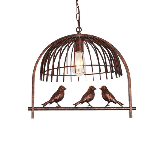 1 Head Wire Dome Hanging Light with Bird Decoration Lodge Style Rust Metal Suspension Lamp Clearhalo 'Art Deco Pendants' 'Cast Iron' 'Ceiling Lights' 'Ceramic' 'Crystal' 'Industrial Pendants' 'Industrial' 'Metal' 'Middle Century Pendants' 'Pendant Lights' 'Pendants' 'Tiffany' Lighting' 764942