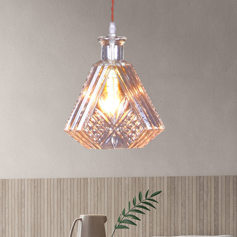 Textured Glass Tapered/Diamond Suspension Light Loft Industrial 1 Bulb Bar Pendant Lamp in Clear Clear D Clearhalo 'Ceiling Lights' 'Glass shade' 'Glass' 'Industrial Pendants' 'Industrial' 'Middle Century Pendants' 'Pendant Lights' 'Pendants' 'Tiffany' Lighting' 764974
