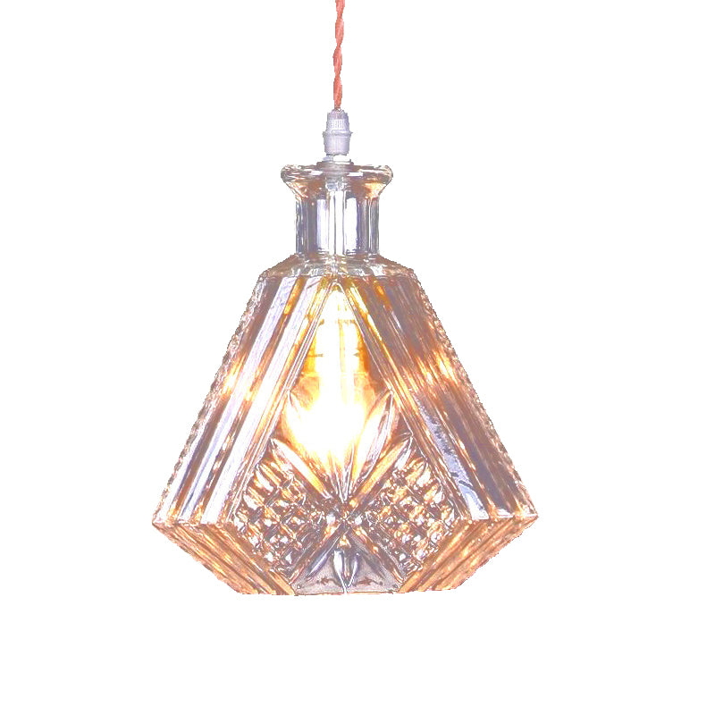 Textured Glass Tapered/Diamond Suspension Light Loft Industrial 1 Bulb Bar Pendant Lamp in Clear Clearhalo 'Ceiling Lights' 'Glass shade' 'Glass' 'Industrial Pendants' 'Industrial' 'Middle Century Pendants' 'Pendant Lights' 'Pendants' 'Tiffany' Lighting' 764977