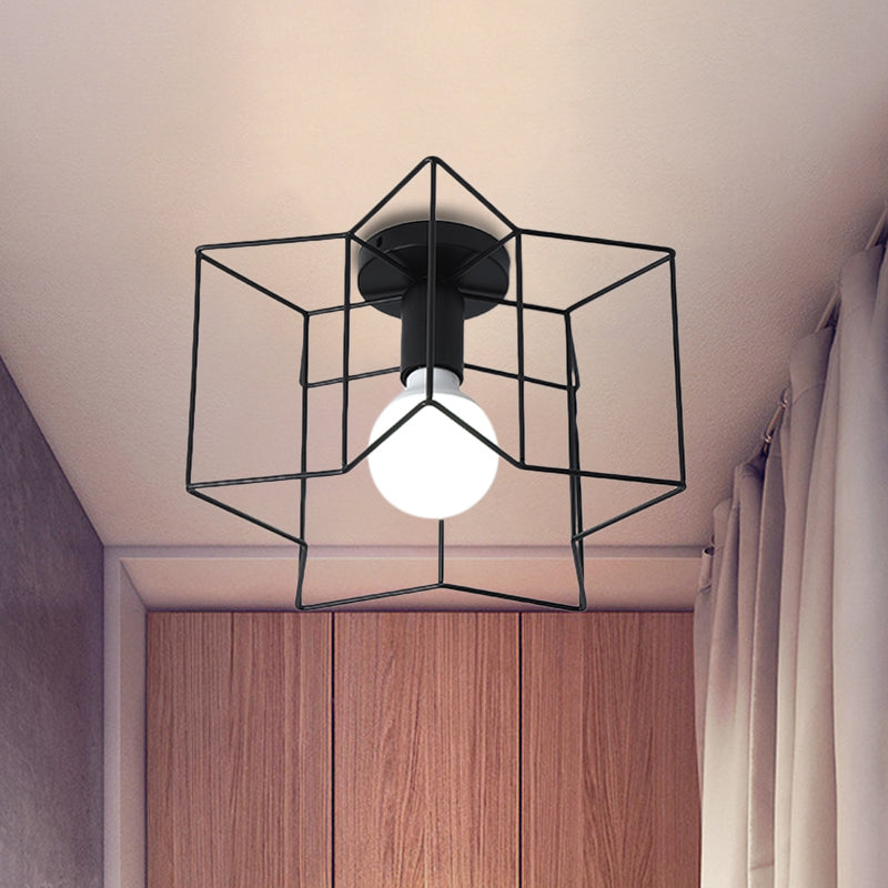 1 Light Metal Ceiling Mounted Light Industrial Style Black/White Star Caged Bedroom Close to Ceiling Lighting Black Clearhalo 'Ceiling Lights' 'Close To Ceiling Lights' 'Close to ceiling' 'Semi-flushmount' Lighting' 765056