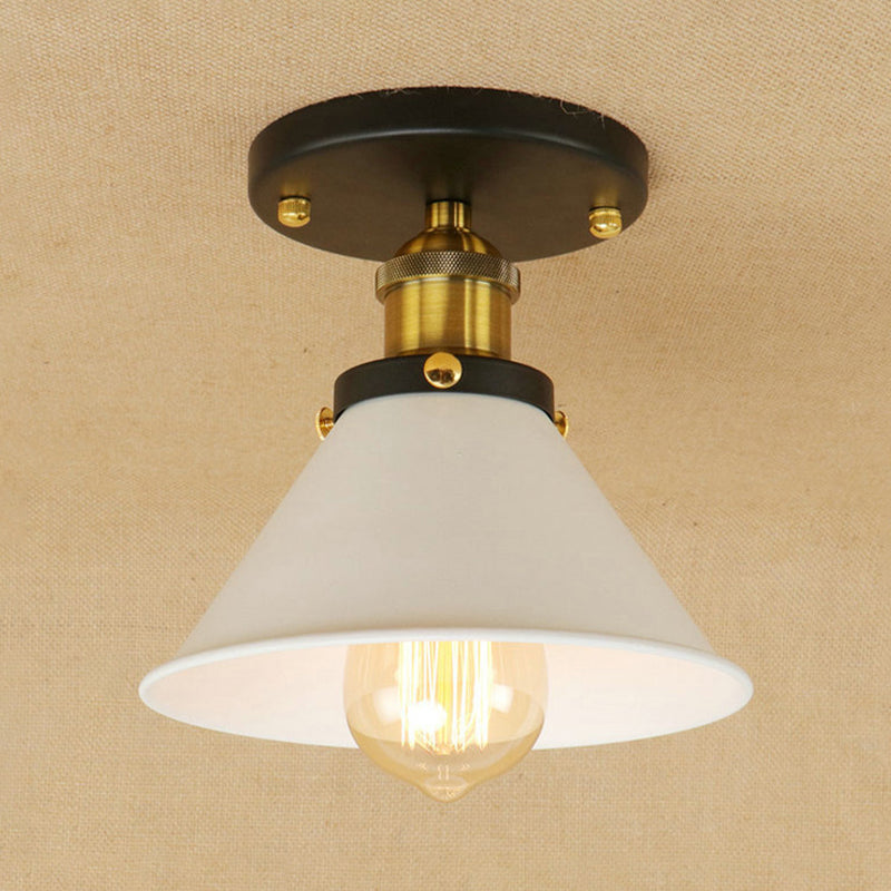 1 Bulb Semi-Flush Mount Vintage Industrial Conic Shade Metal Ceiling Light Fixture in White/Brass White Clearhalo 'Ceiling Lights' 'Close To Ceiling Lights' 'Close to ceiling' 'Semi-flushmount' Lighting' 765283