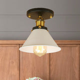 1 Bulb Semi-Flush Mount Vintage Industrial Conic Shade Metal Ceiling Light Fixture in White/Brass Clearhalo 'Ceiling Lights' 'Close To Ceiling Lights' 'Close to ceiling' 'Semi-flushmount' Lighting' 765284