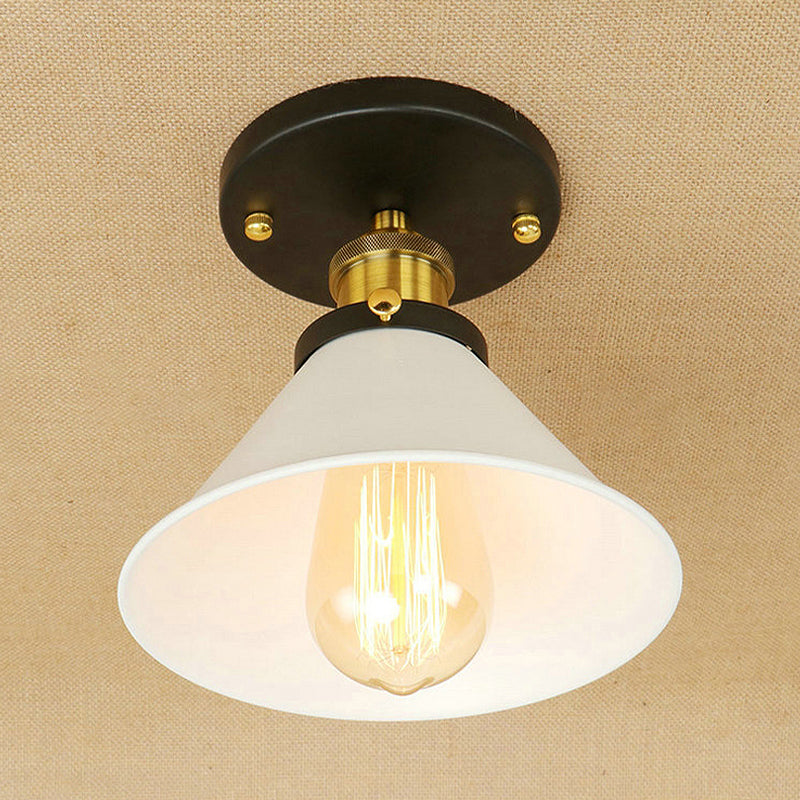 1 Bulb Semi-Flush Mount Vintage Industrial Conic Shade Metal Ceiling Light Fixture in White/Brass Clearhalo 'Ceiling Lights' 'Close To Ceiling Lights' 'Close to ceiling' 'Semi-flushmount' Lighting' 765285