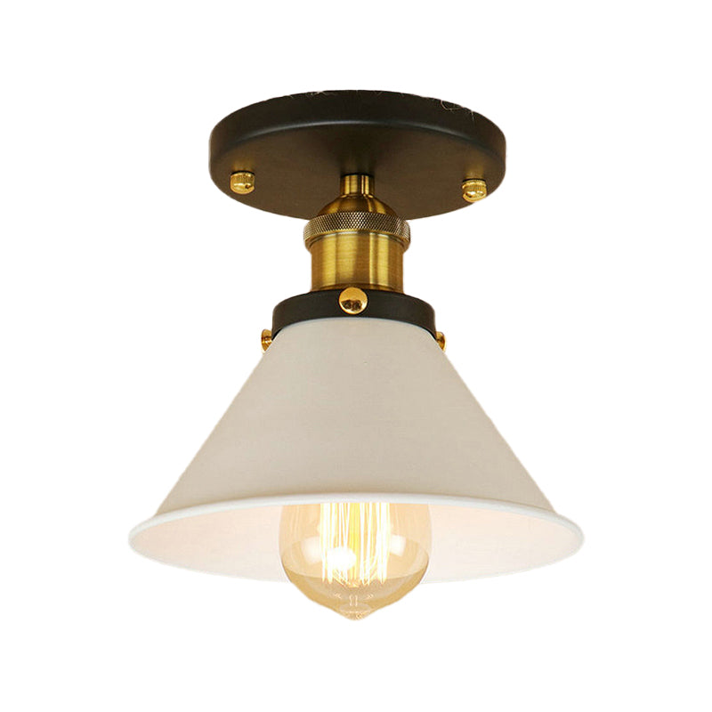 1 Bulb Semi-Flush Mount Vintage Industrial Conic Shade Metal Ceiling Light Fixture in White/Brass Clearhalo 'Ceiling Lights' 'Close To Ceiling Lights' 'Close to ceiling' 'Semi-flushmount' Lighting' 765286