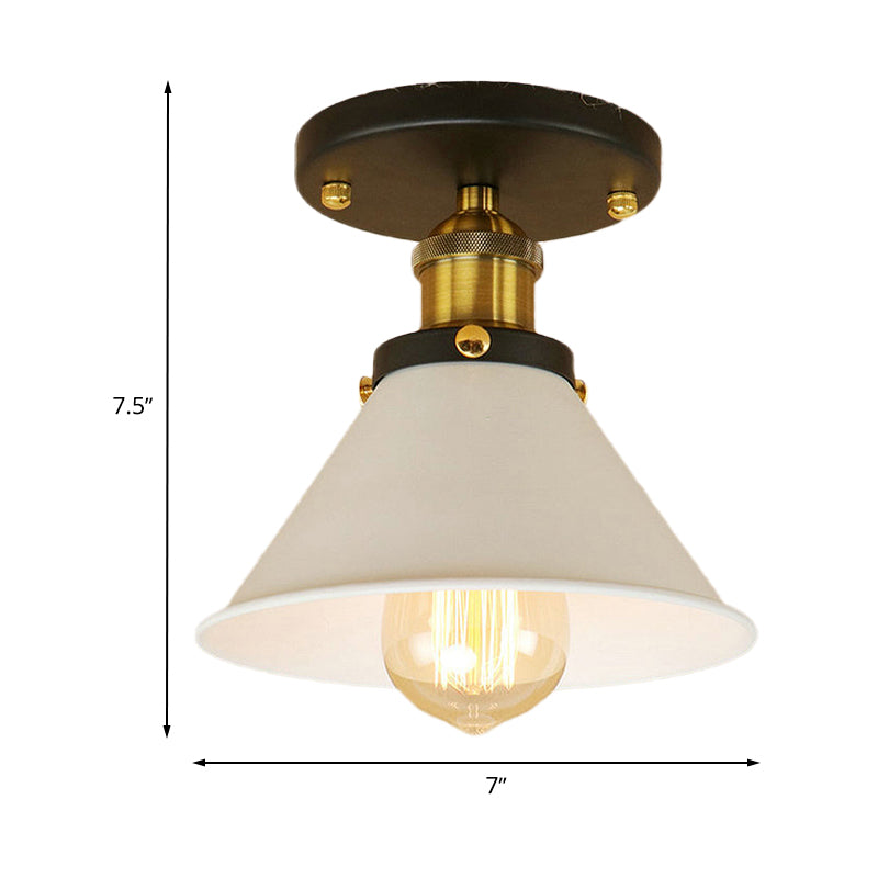 1 Bulb Semi-Flush Mount Vintage Industrial Conic Shade Metal Ceiling Light Fixture in White/Brass Clearhalo 'Ceiling Lights' 'Close To Ceiling Lights' 'Close to ceiling' 'Semi-flushmount' Lighting' 765287