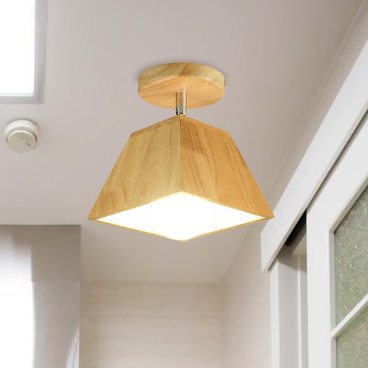 1 Bulb Semi Flush Light with Trapezoid Shade Wood Nordic Style Corridor Ceiling Mount Light Fixture Clearhalo 'Ceiling Lights' 'Close To Ceiling Lights' 'Close to ceiling' 'Semi-flushmount' Lighting' 765340