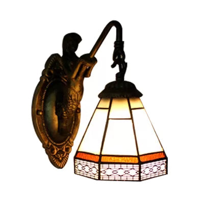 Cone Wall Light Fixture 1 Head Blue/Green/Amber Glass Tiffany Sconce Light with Mermaid Backplate Clearhalo 'Industrial' 'Middle century wall lights' 'Tiffany wall lights' 'Tiffany' 'Wall Lamps & Sconces' 'Wall Lights' Lighting' 7666