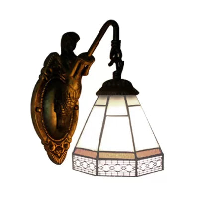 Cone Wall Light Fixture 1 Head Blue/Green/Amber Glass Tiffany Sconce Light with Mermaid Backplate Clearhalo 'Industrial' 'Middle century wall lights' 'Tiffany wall lights' 'Tiffany' 'Wall Lamps & Sconces' 'Wall Lights' Lighting' 7667