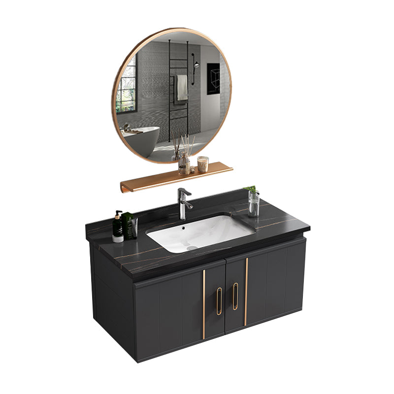 Wall Mount Bathroom Sink Vanity Glam Bathroom Vanity with Mirror Vanity & Faucet & Mirrors 31.5"L x 18.5"W x 17.7"H Black Clearhalo 'Bathroom Remodel & Bathroom Fixtures' 'Bathroom Vanities' 'bathroom_vanities' 'Home Improvement' 'home_improvement' 'home_improvement_bathroom_vanities' 7667413