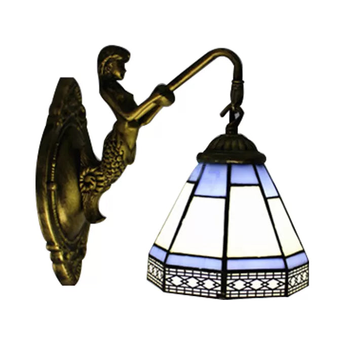 Cone Wall Light Fixture 1 Head Blue/Green/Amber Glass Tiffany Sconce Light with Mermaid Backplate Clearhalo 'Industrial' 'Middle century wall lights' 'Tiffany wall lights' 'Tiffany' 'Wall Lamps & Sconces' 'Wall Lights' Lighting' 7669
