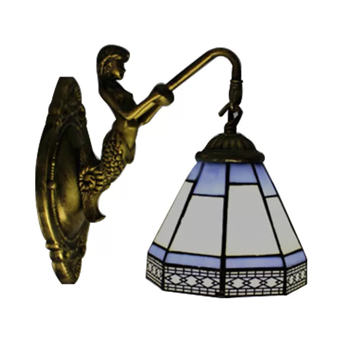 Cone Wall Light Fixture 1 Head Blue/Green/Amber Glass Tiffany Sconce Light with Mermaid Backplate Clearhalo 'Industrial' 'Middle century wall lights' 'Tiffany wall lights' 'Tiffany' 'Wall Lamps & Sconces' 'Wall Lights' Lighting' 7670