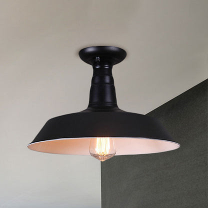 10"/14" Dia 1 Bulb Semi-Flush Mount Light Industrial Barn Shade Metallic Close to Ceiling Light in Black Black Clearhalo 'Ceiling Lights' 'Close To Ceiling Lights' 'Close to ceiling' 'Semi-flushmount' Lighting' 767175