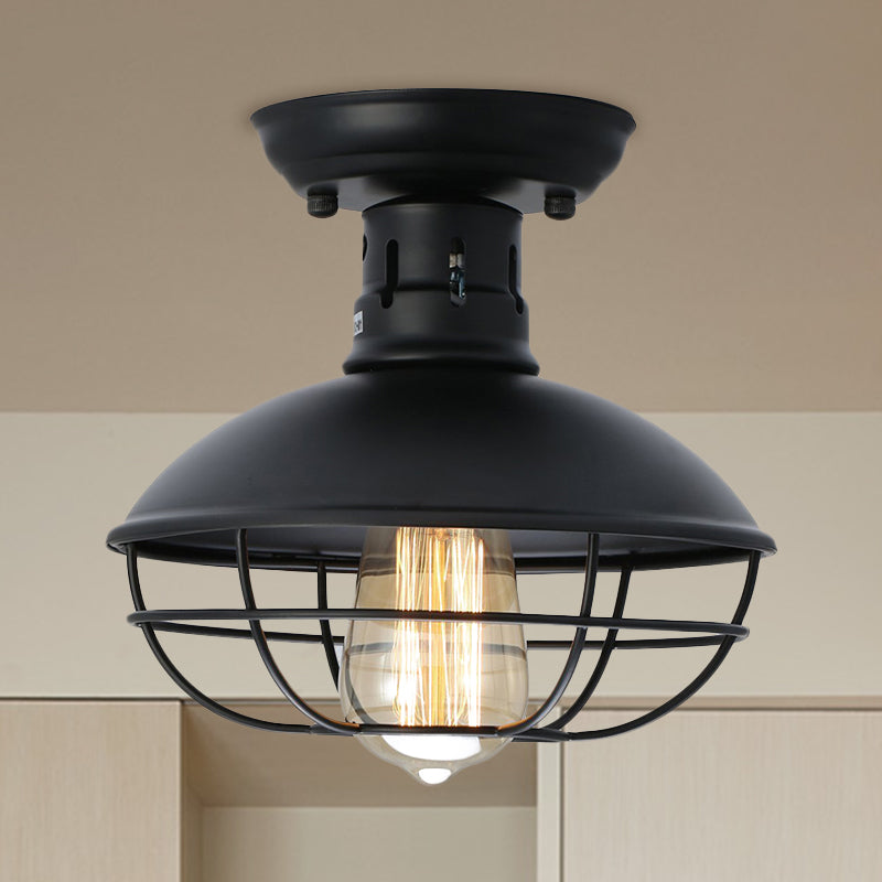 Black Bowl Semi Flush Mount Farmhouse Stylish Metal 1 Light Dining Room Semi Flush Ceiling Fixture with Cage Shade Black Clearhalo 'Ceiling Lights' 'Close To Ceiling Lights' 'Close to ceiling' 'Flush mount' 'Industrial Flush Mount' Lighting' 767196