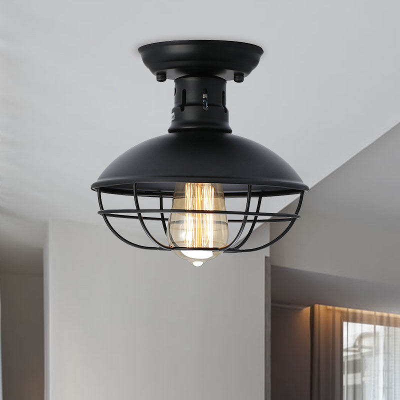 Black Bowl Semi Flush Mount Farmhouse Stylish Metal 1 Light Dining Room Semi Flush Ceiling Fixture with Cage Shade Clearhalo 'Ceiling Lights' 'Close To Ceiling Lights' 'Close to ceiling' 'Flush mount' 'Industrial Flush Mount' Lighting' 767197