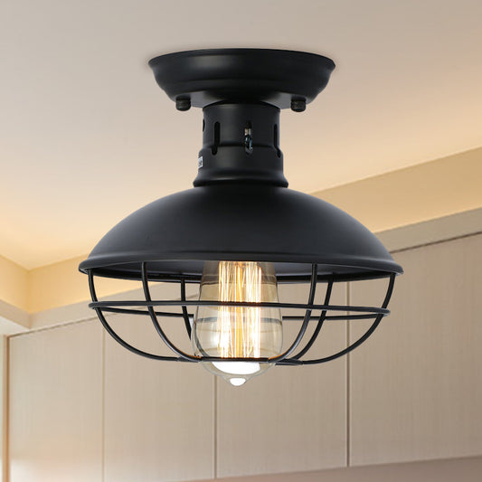 Black Bowl Semi Flush Mount Farmhouse Stylish Metal 1 Light Dining Room Semi Flush Ceiling Fixture with Cage Shade Clearhalo 'Ceiling Lights' 'Close To Ceiling Lights' 'Close to ceiling' 'Flush mount' 'Industrial Flush Mount' Lighting' 767198