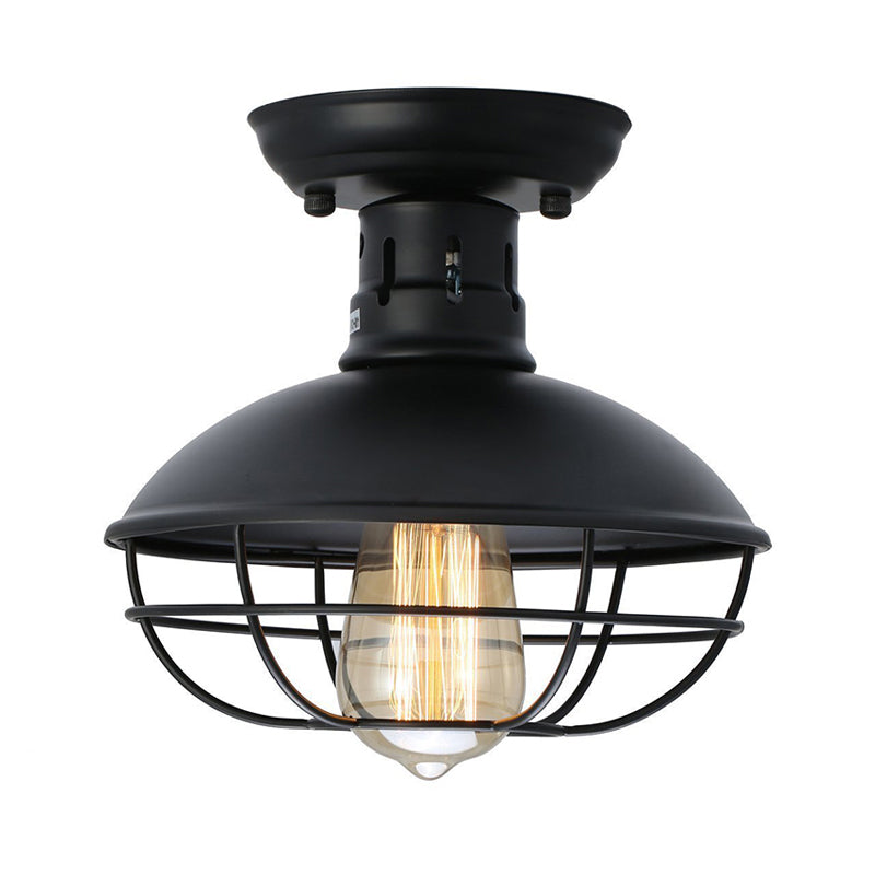 Black Bowl Semi Flush Mount Farmhouse Stylish Metal 1 Light Dining Room Semi Flush Ceiling Fixture with Cage Shade Clearhalo 'Ceiling Lights' 'Close To Ceiling Lights' 'Close to ceiling' 'Flush mount' 'Industrial Flush Mount' Lighting' 767199