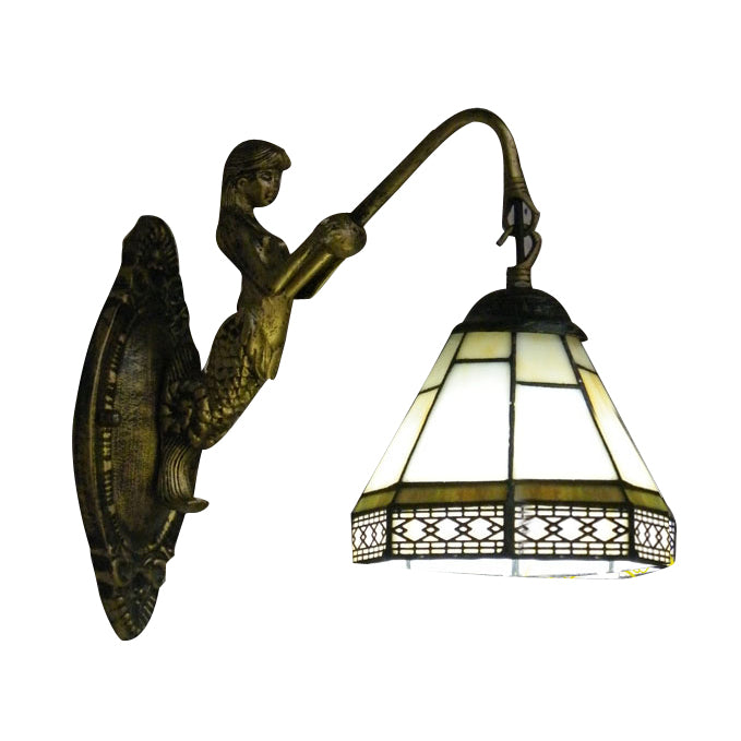 Cone Wall Light Fixture 1 Head Blue/Green/Amber Glass Tiffany Sconce Light with Mermaid Backplate Clearhalo 'Industrial' 'Middle century wall lights' 'Tiffany wall lights' 'Tiffany' 'Wall Lamps & Sconces' 'Wall Lights' Lighting' 7672