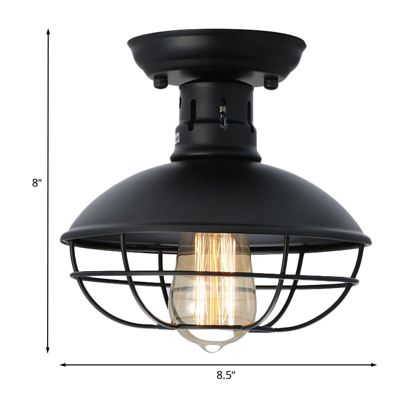 Black Bowl Semi Flush Mount Farmhouse Stylish Metal 1 Light Dining Room Semi Flush Ceiling Fixture with Cage Shade Clearhalo 'Ceiling Lights' 'Close To Ceiling Lights' 'Close to ceiling' 'Flush mount' 'Industrial Flush Mount' Lighting' 767200