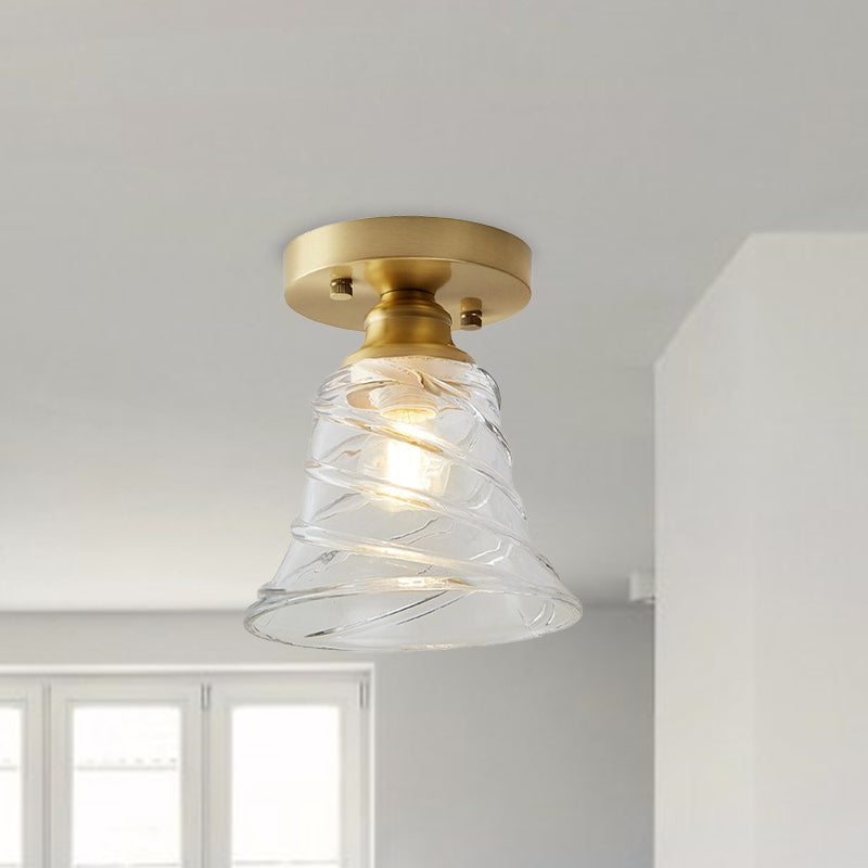 Single Bulb Semi Flush Mount Industrial Cone Clear Textured Glass Ceiling Light in Brass for Living Room Clearhalo 'Ceiling Lights' 'Close To Ceiling Lights' 'Close to ceiling' 'Flush mount' 'Industrial Flush Mount' Lighting' 767233