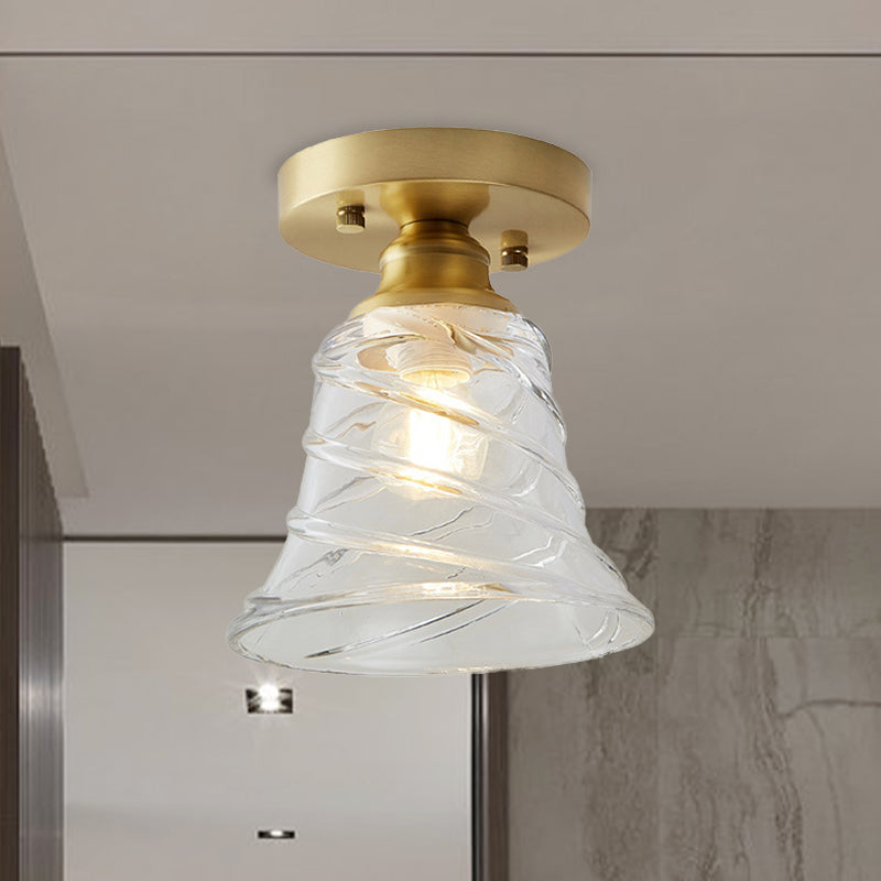 Single Bulb Semi Flush Mount Industrial Cone Clear Textured Glass Ceiling Light in Brass for Living Room Clearhalo 'Ceiling Lights' 'Close To Ceiling Lights' 'Close to ceiling' 'Flush mount' 'Industrial Flush Mount' Lighting' 767234