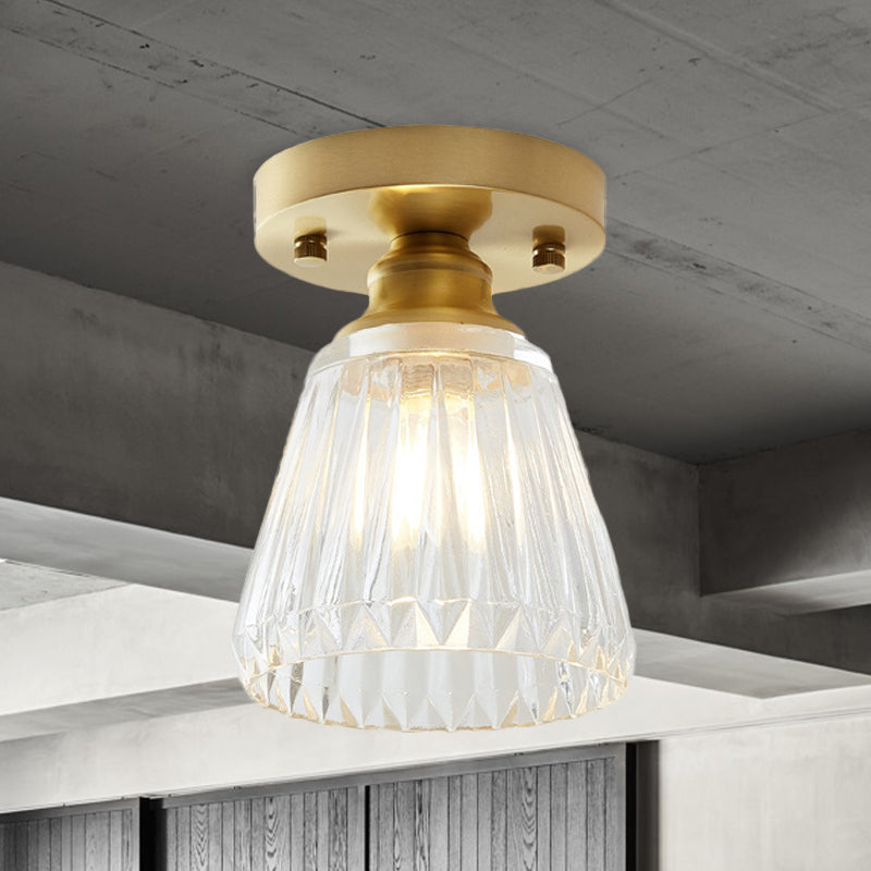 Single Bulb Semi Flush Mount Industrial Cone Clear Textured Glass Ceiling Light in Brass for Living Room Brass C Clearhalo 'Ceiling Lights' 'Close To Ceiling Lights' 'Close to ceiling' 'Flush mount' 'Industrial Flush Mount' Lighting' 767237