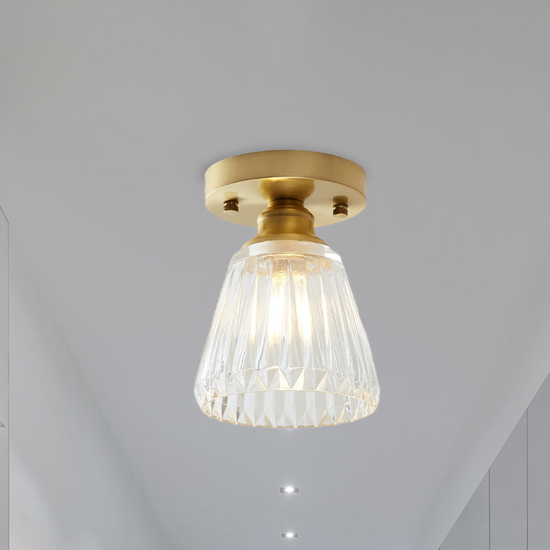 Single Bulb Semi Flush Mount Industrial Cone Clear Textured Glass Ceiling Light in Brass for Living Room Clearhalo 'Ceiling Lights' 'Close To Ceiling Lights' 'Close to ceiling' 'Flush mount' 'Industrial Flush Mount' Lighting' 767238