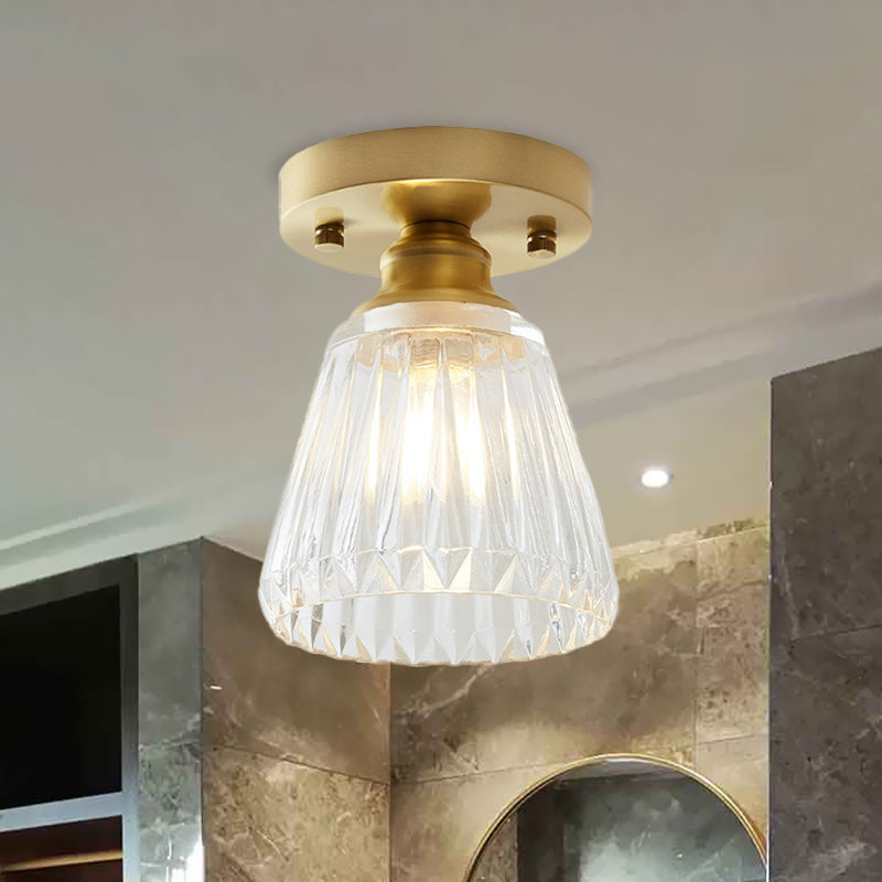 Single Bulb Semi Flush Mount Industrial Cone Clear Textured Glass Ceiling Light in Brass for Living Room Clearhalo 'Ceiling Lights' 'Close To Ceiling Lights' 'Close to ceiling' 'Flush mount' 'Industrial Flush Mount' Lighting' 767239