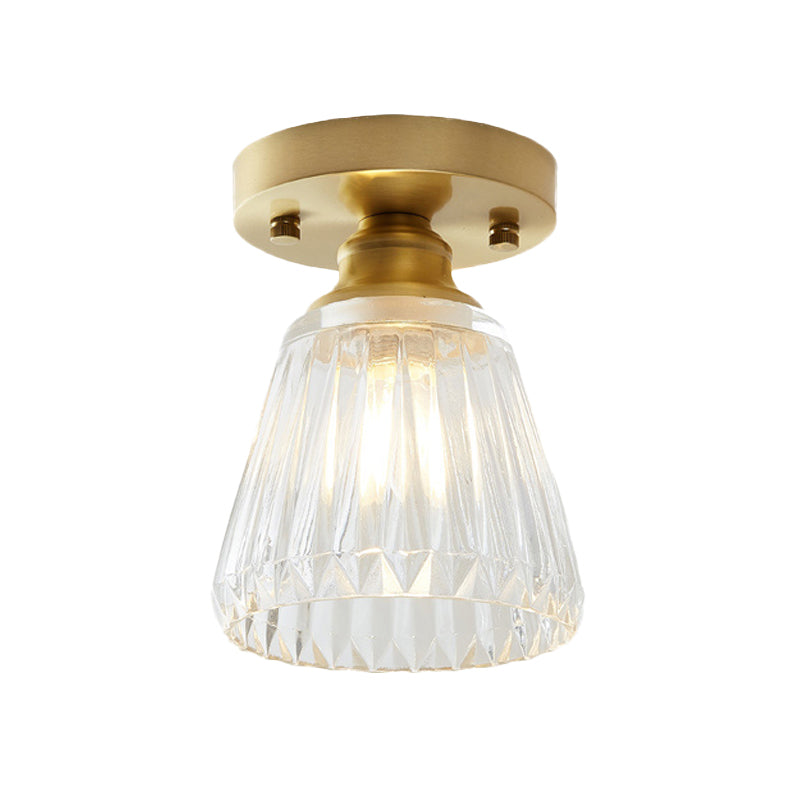 Single Bulb Semi Flush Mount Industrial Cone Clear Textured Glass Ceiling Light in Brass for Living Room Clearhalo 'Ceiling Lights' 'Close To Ceiling Lights' 'Close to ceiling' 'Flush mount' 'Industrial Flush Mount' Lighting' 767240