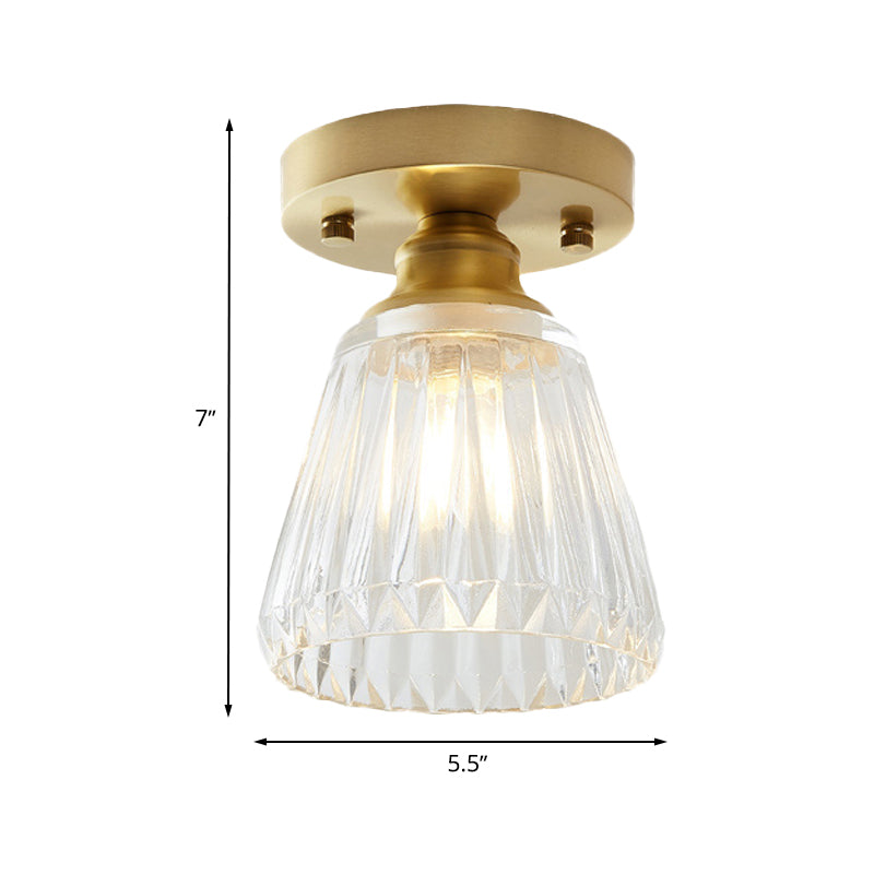 Single Bulb Semi Flush Mount Industrial Cone Clear Textured Glass Ceiling Light in Brass for Living Room Clearhalo 'Ceiling Lights' 'Close To Ceiling Lights' 'Close to ceiling' 'Flush mount' 'Industrial Flush Mount' Lighting' 767241