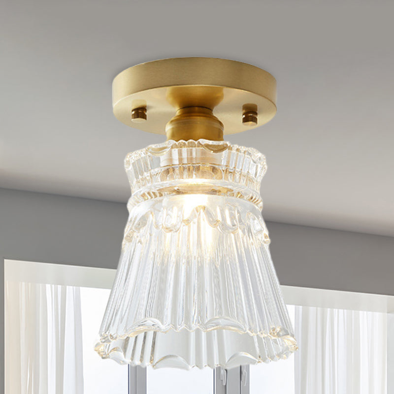 Single Bulb Semi Flush Mount Industrial Cone Clear Textured Glass Ceiling Light in Brass for Living Room Brass B Clearhalo 'Ceiling Lights' 'Close To Ceiling Lights' 'Close to ceiling' 'Flush mount' 'Industrial Flush Mount' Lighting' 767242