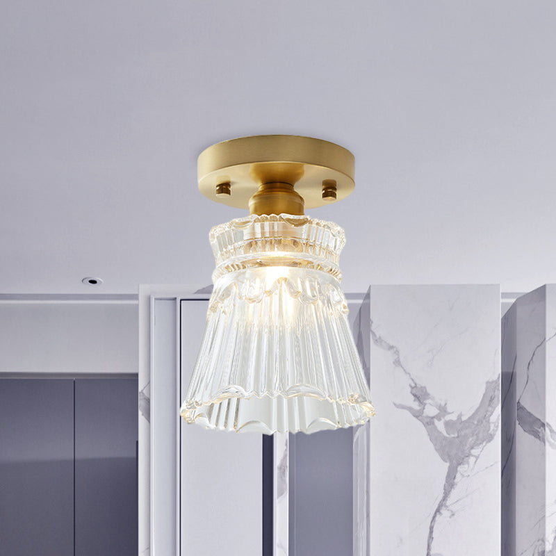Single Bulb Semi Flush Mount Industrial Cone Clear Textured Glass Ceiling Light in Brass for Living Room Clearhalo 'Ceiling Lights' 'Close To Ceiling Lights' 'Close to ceiling' 'Flush mount' 'Industrial Flush Mount' Lighting' 767243
